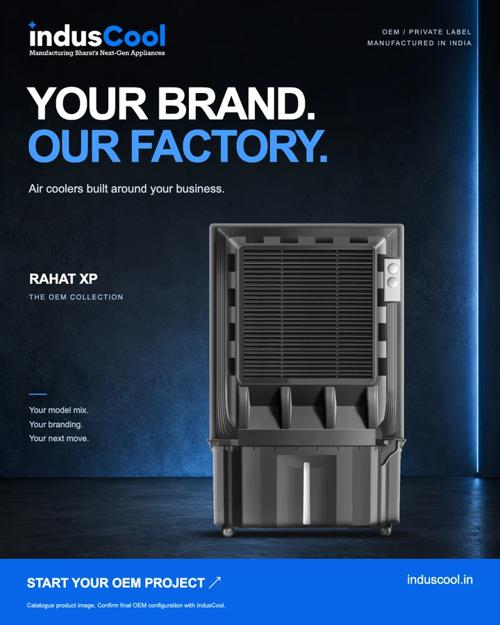 IndusCool campaign: Your brand. Our factory. Original Rahat XP catalogue view for private-label manufacturing.